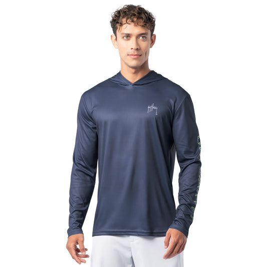 Front view of navy blue Guy Harvey Men’s Billfish Slam Sun Protection Hoodie with white chest logo.