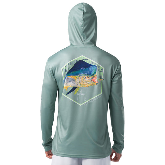Back view of seafoam green Guy Harvey Men’s Mahi Gear Sun Protection Hoodie featuring vibrant mahi-mahi fish artwork.
