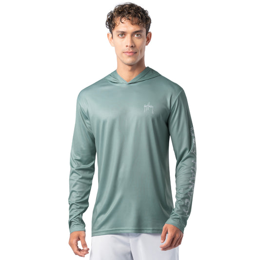 Front view of seafoam green Guy Harvey Men’s Mahi Gear Sun Protection Hoodie with white chest logo.