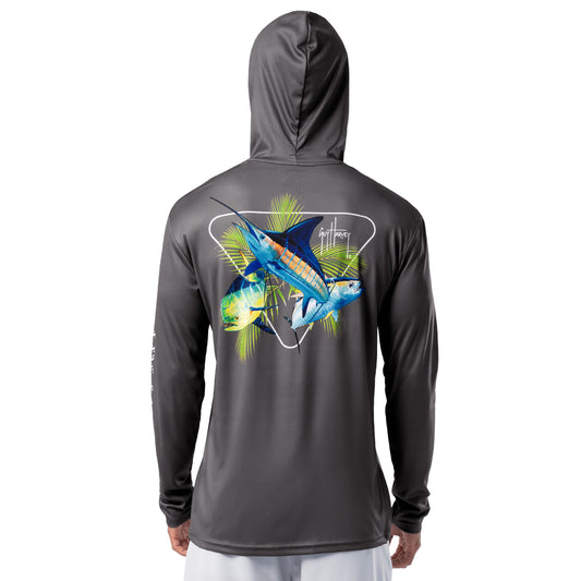 Back view of charcoal gray Guy Harvey Men’s Rack Sun Protection Hoodie featuring marlin, mahi, and tuna artwork.