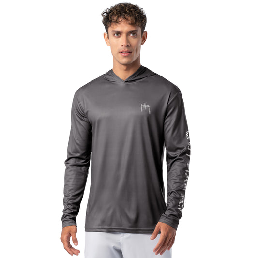 Front view of charcoal gray Guy Harvey Men’s Rack Sun Protection Hoodie with white chest logo.