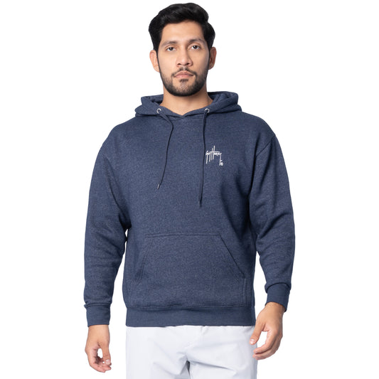 Front view of a man wearing a navy blue Guy Harvey fishing fleece hoodie with white Guy Harvey logo on the chest.