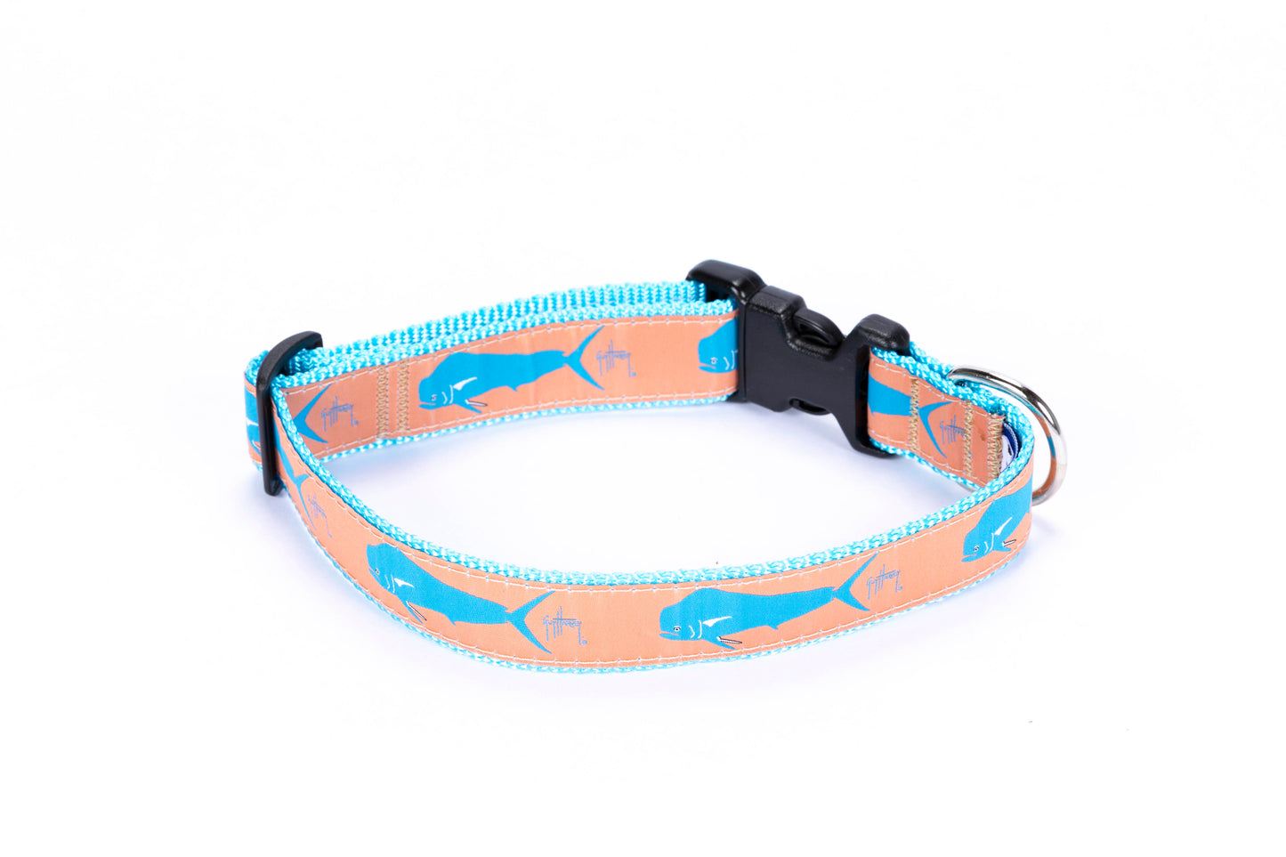 Guy Harvey Orange Dorado Dog Collar with aqua fish design on durable nylon strap