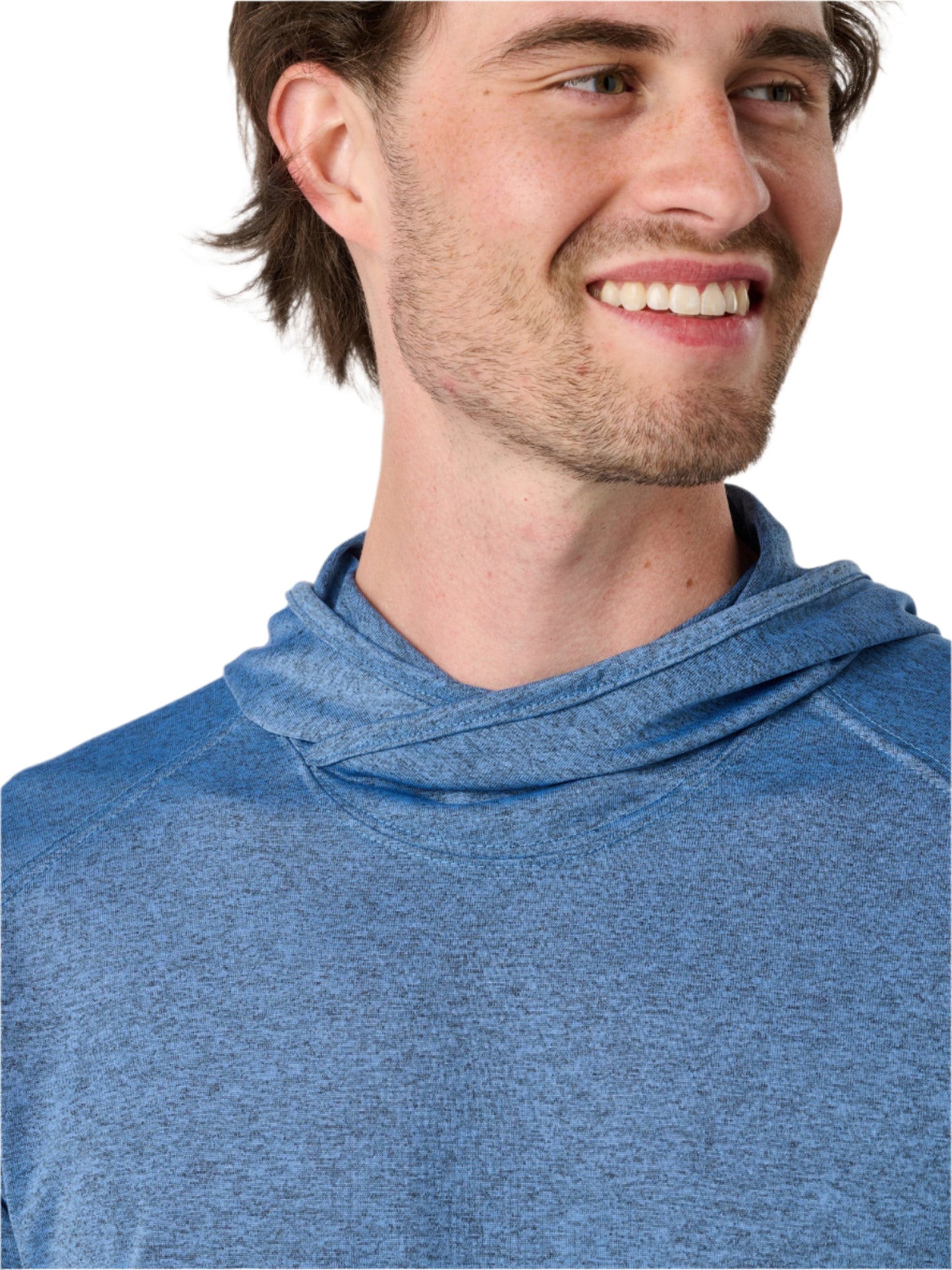 Man wearing a blue hoodie against a light gray background