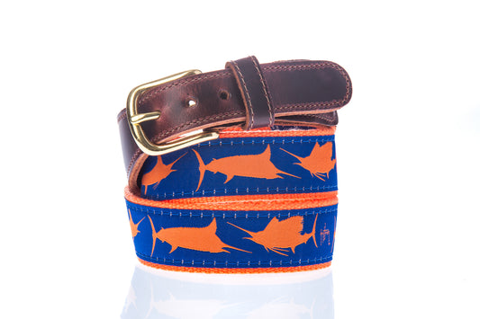 Guy Harvey Men’s Three Billfish Leather Tab Belt with orange billfish design on blue cotton webbing and brown leather tabs