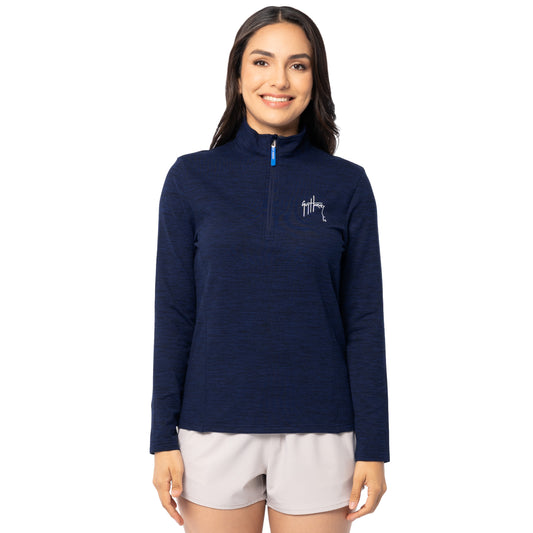 Front view of woman wearing Guy Harvey Women’s Navy Fleece Quarter Zip Pullover