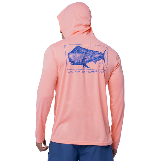 Back view of Guy Harvey men's performance fishing hoodie in coral color with Boxed Mahi graphic in blue.