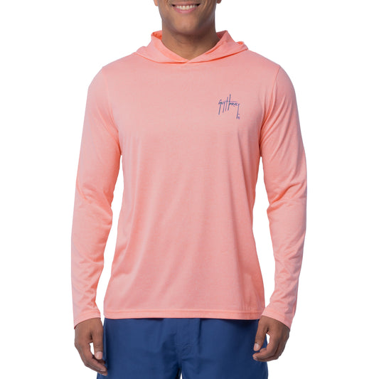 Guy Harvey Men's Boxed Mahi Performance Fishing Hoodie ifront view in coral color with moisture-wicking fabric.