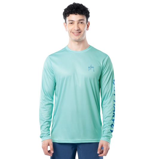 Front view of Guy Harvey Men’s Mahi Hex Performance Sun Protection Long Sleeve Top in aqua green