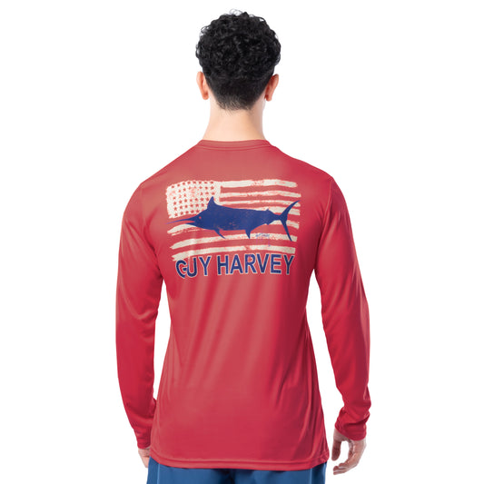 Back view of Guy Harvey Men’s Marlin Americana Performance Top with patriotic marlin and American flag artwork