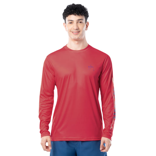 Front view of Guy Harvey Men’s Marlin Americana Performance Sun Protection Long Sleeve Top in red