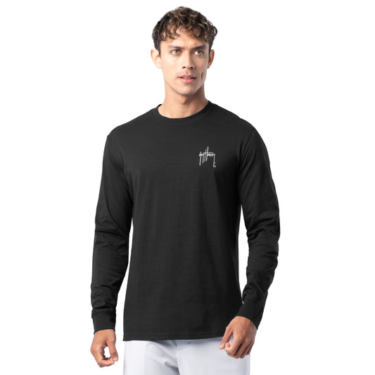 Front view of Guy Harvey Men’s Redfish Tailing Lightweight Long Sleeve T-Shirt in black