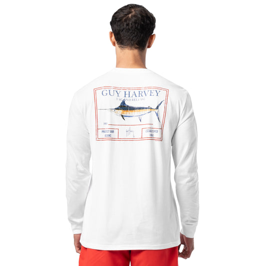 Back view of Guy Harvey Men’s Tag and Release Long Sleeve Tee featuring marlin tag-and-release artwork