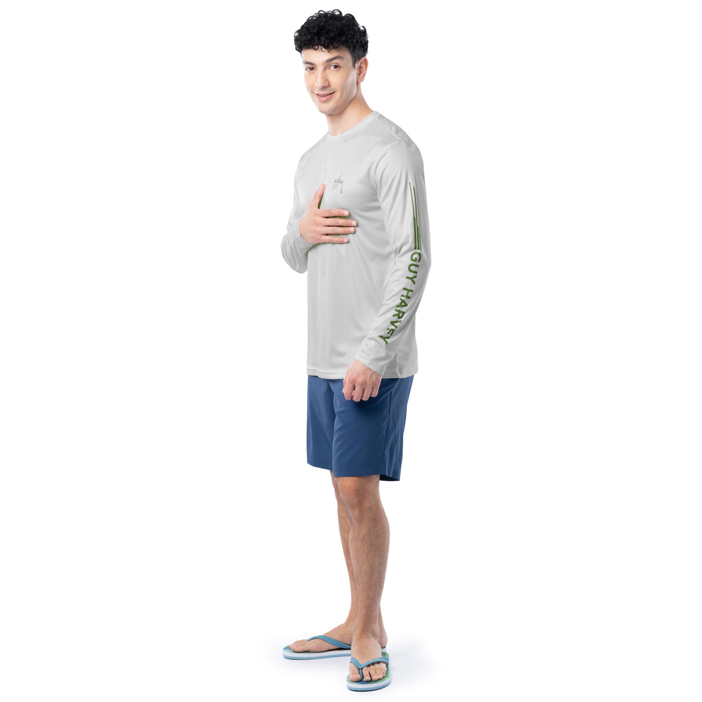 Lifestyle photo of model wearing Guy Harvey Men’s Titan Bass Performance Sun Protection Long Sleeve Top