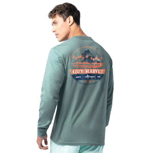 Back view of Guy Harvey Men’s Volcano Long Sleeve Tee with circular volcano island and palm tree artwork