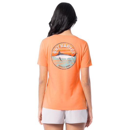 Back view of Guy Harvey Women’s Circle Marlin V-Neck Tee featuring circular marlin artwork with ocean waves and sunset design