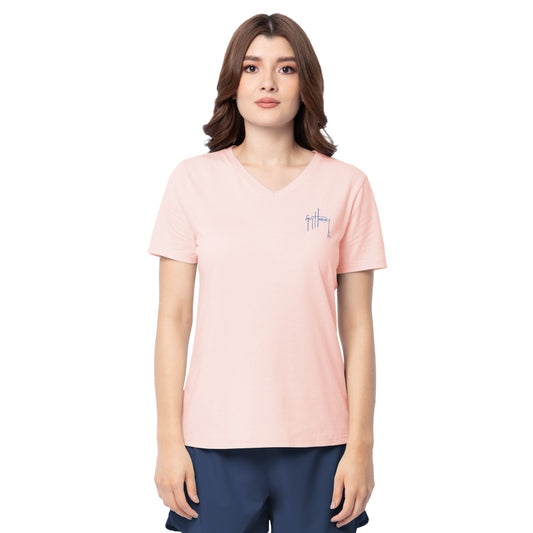 Front view of Guy Harvey Women’s Palm Breeze V-Neck Lightweight Short Sleeve T-Shirt in light pink