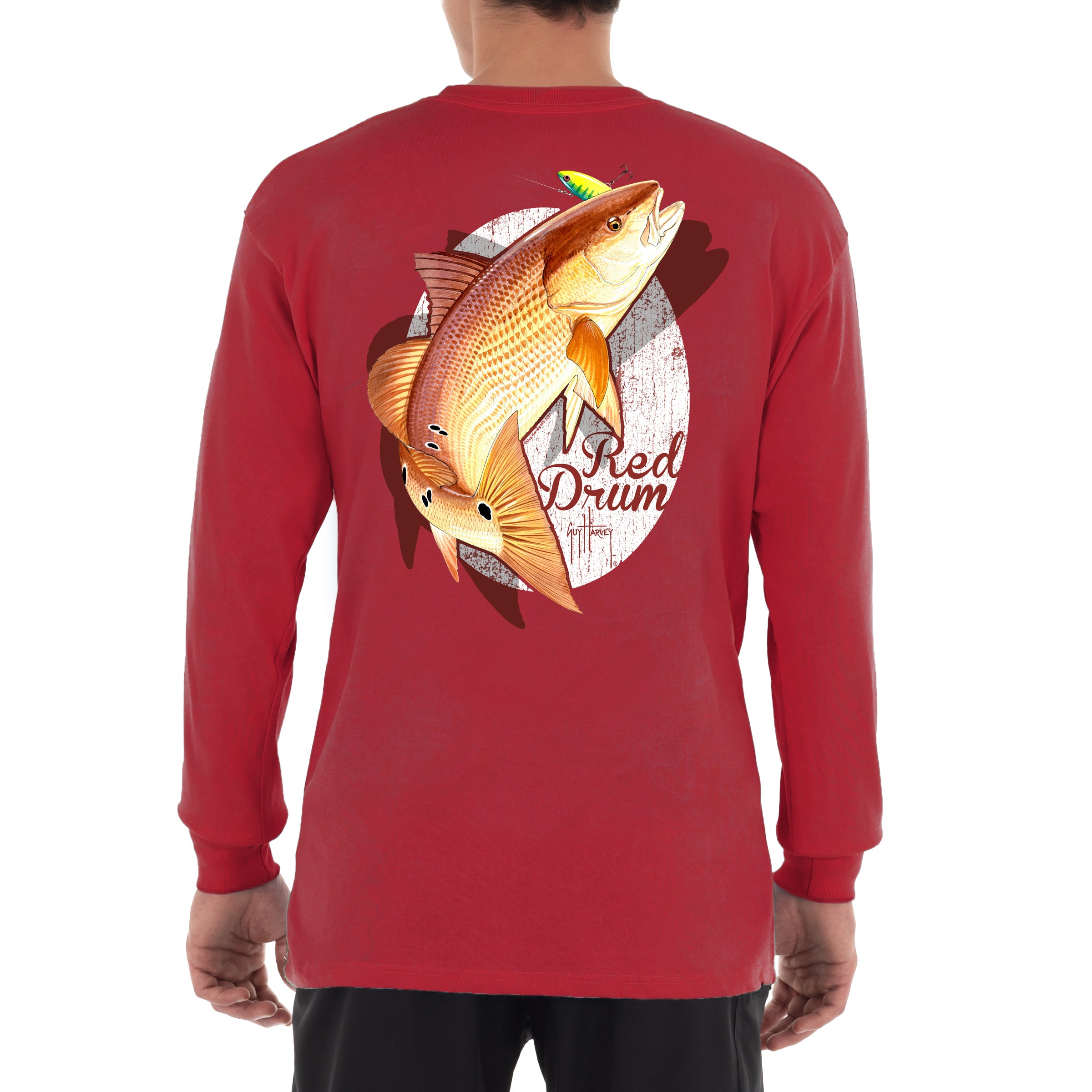 Guy Harvey Men's Red Drum Long Sleeve Red T Shirt, Size: Small