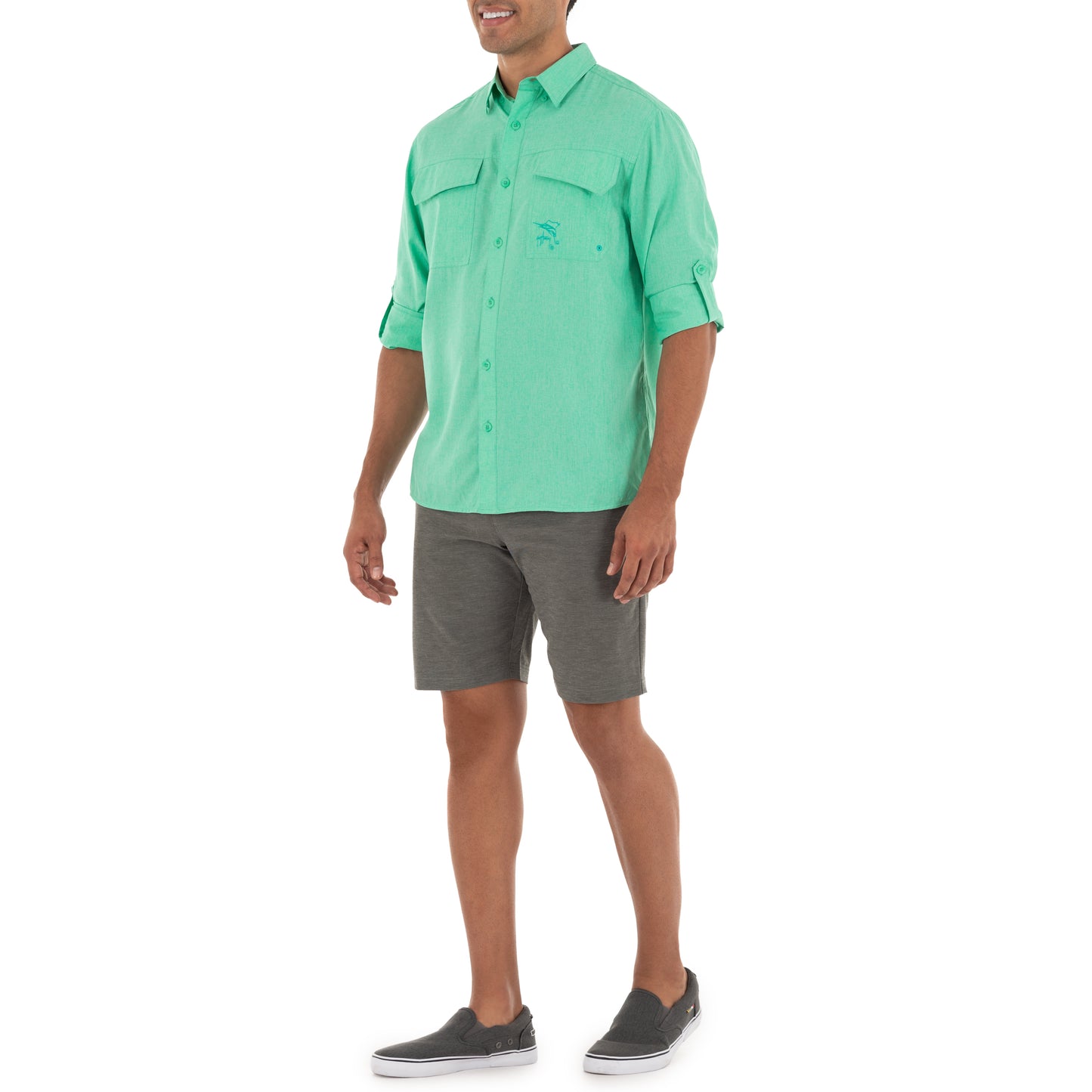 Men's Long Sleeve Heather Textured Cationic Green Fishing Shirt View 8