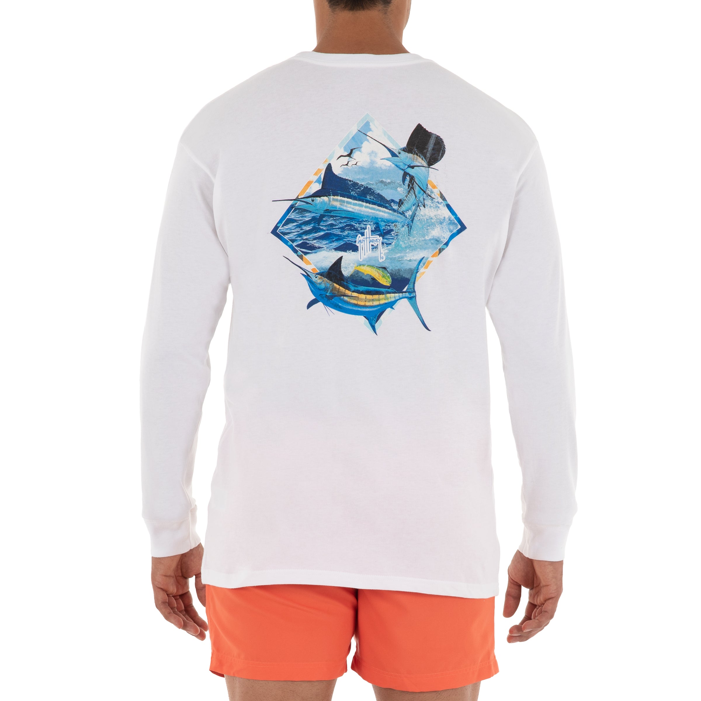 Guy Harvey Mens Classic Logo Long Sleeve T-Shirt - Blue/White - Large