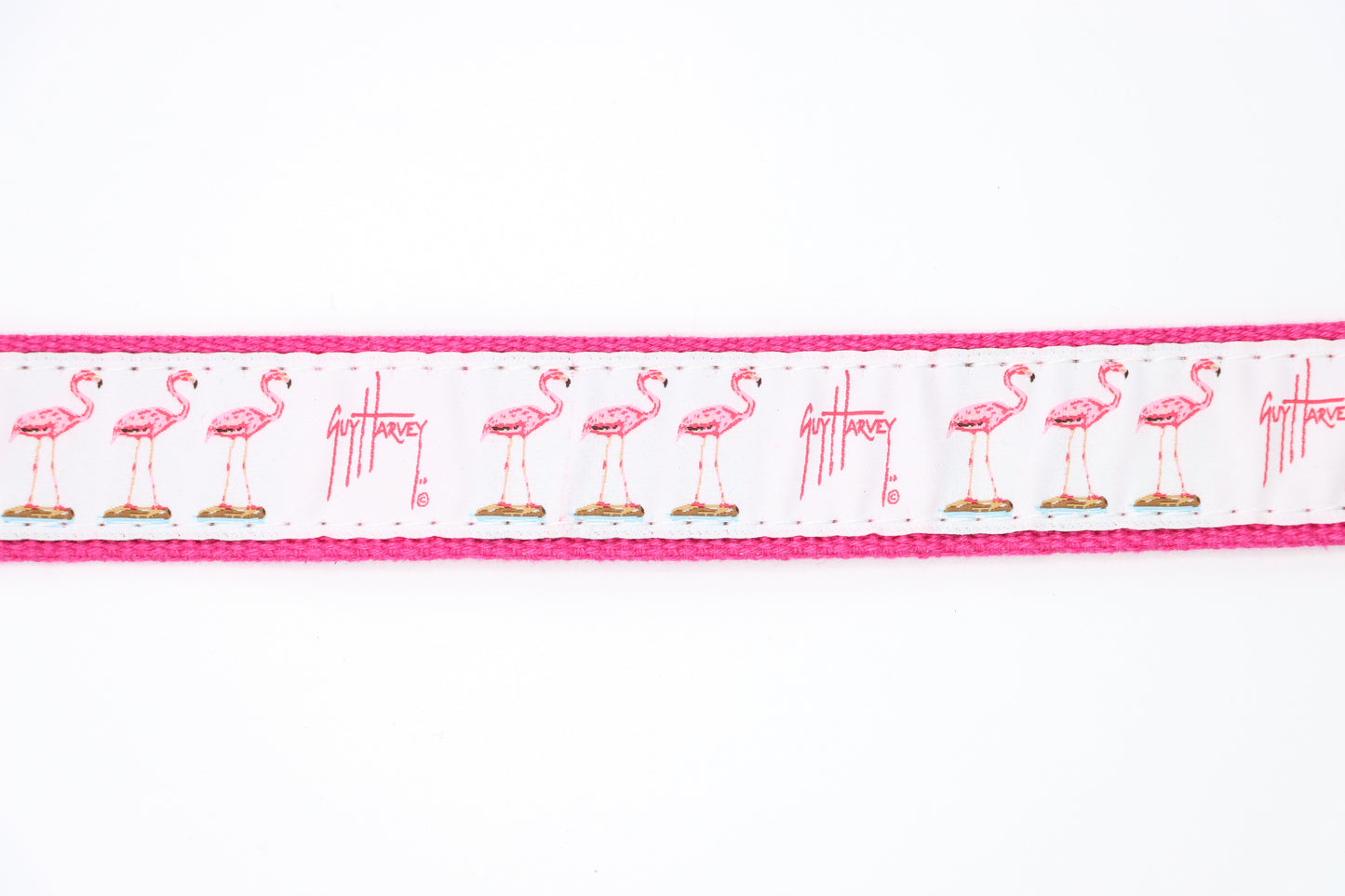 Guy Harvey Men’s Flamingo Leather Tab Belt with pink flamingo illustrations on white cotton webbing, brown leather tabs, pink trim, and brass buckle