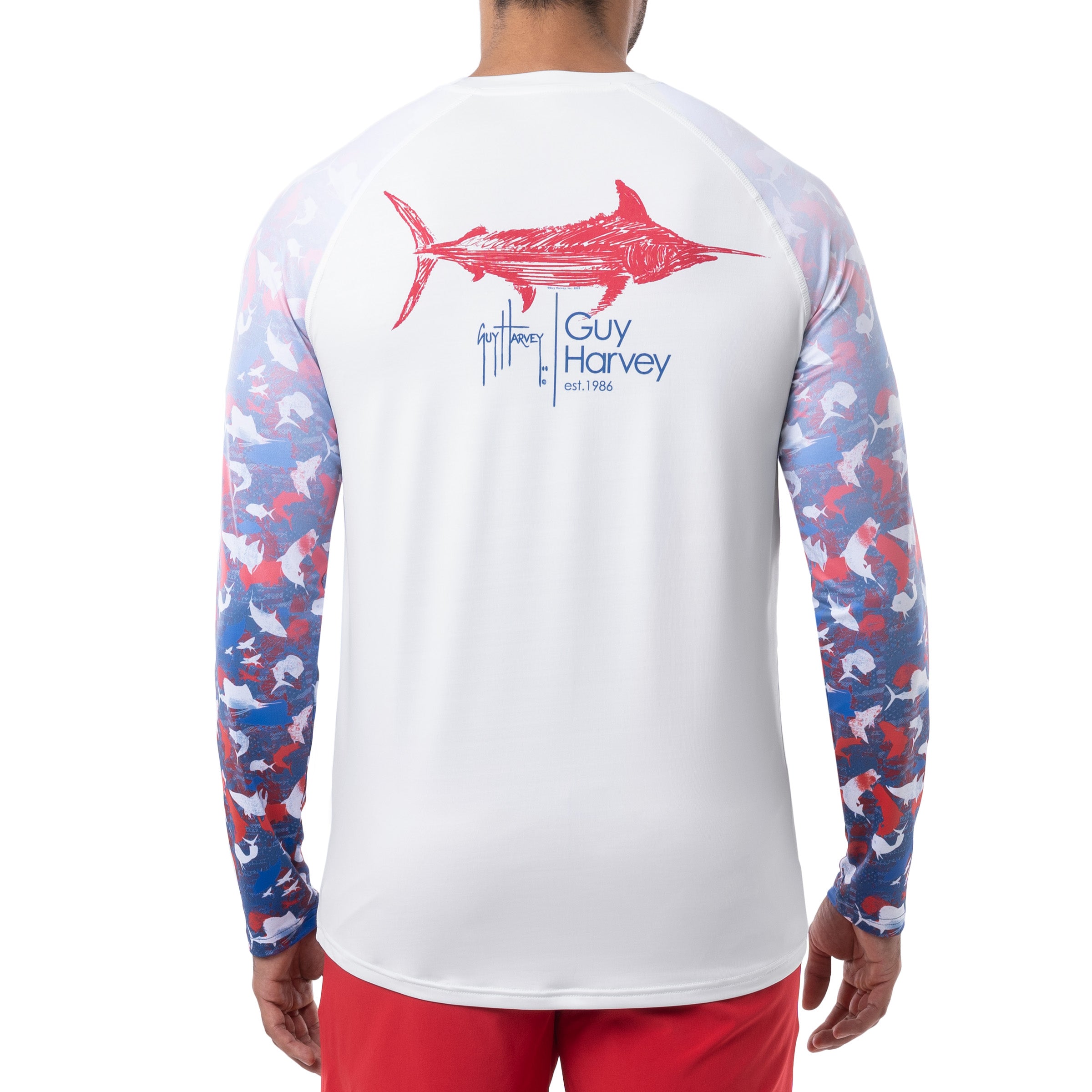 Guy Harvey Mens Americana Fish Long Sleeve T-Shirt Medium Bright White, Men's