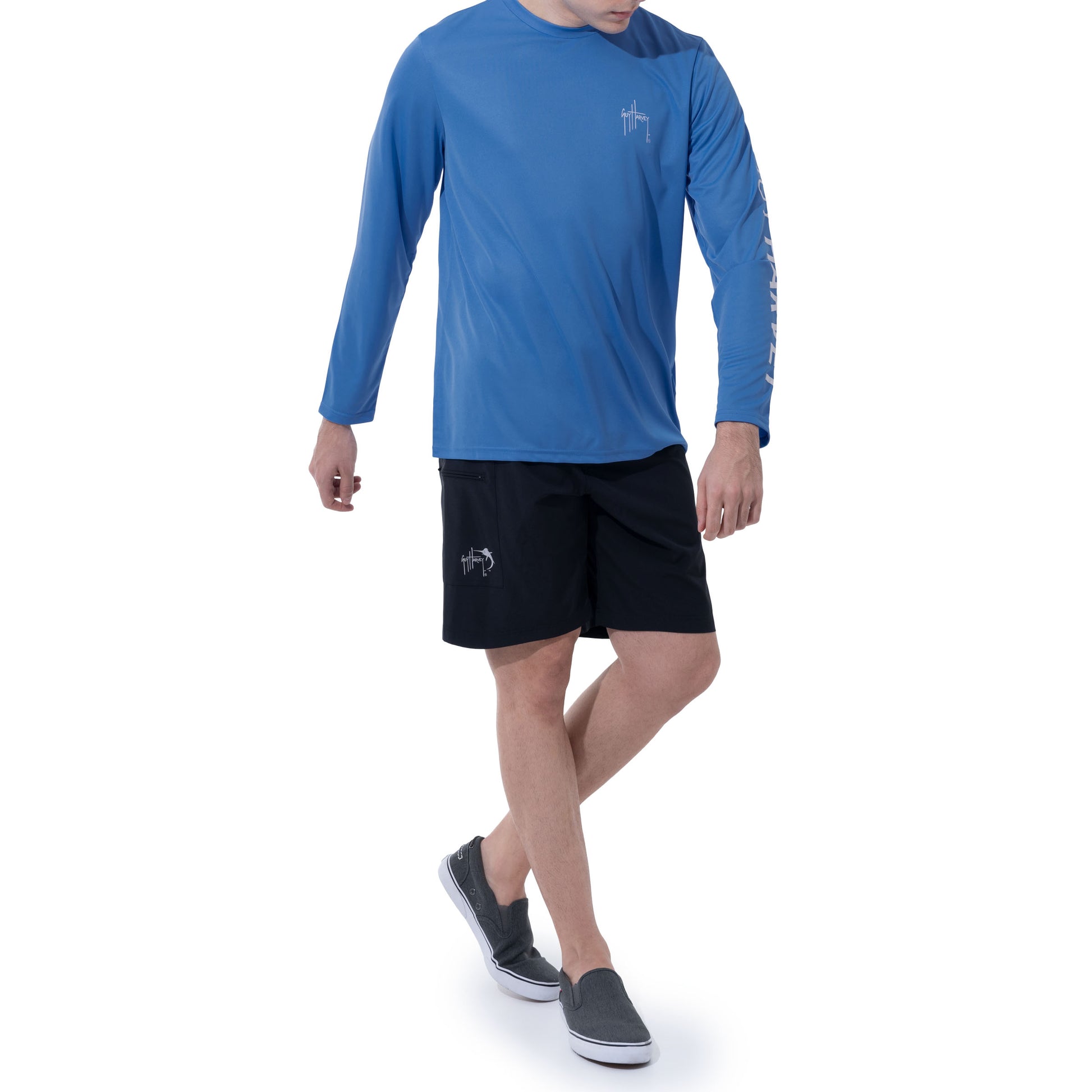 Men Long Sleeve Performance Fishing Sun Protection with UPF 50 Plus. Color Blue Lifestyle View 6