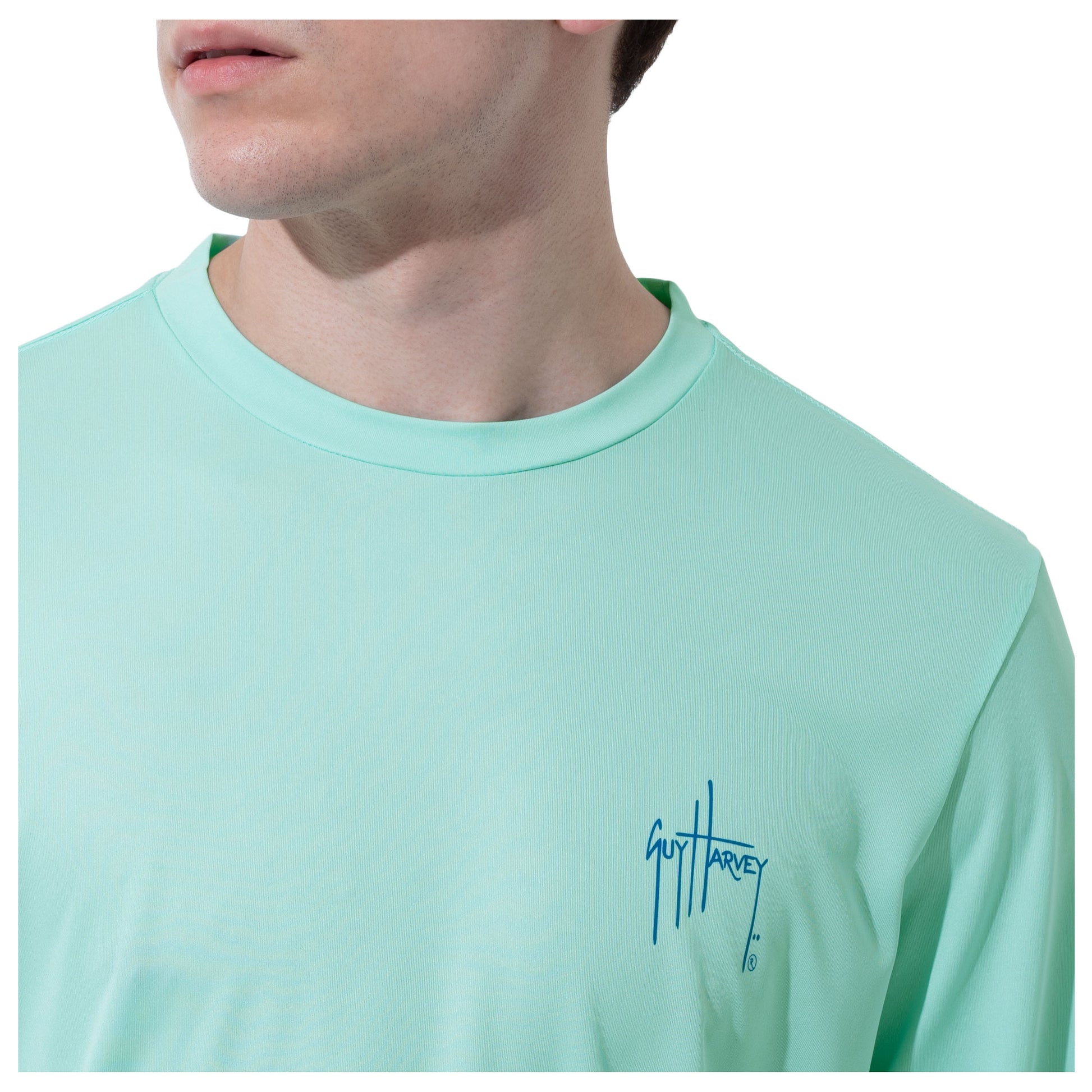 Men Long Sleeve Performance Fishing Sun Protection with UPF 50 Plus. Color Green Guy Harvey signature on the chest View 28