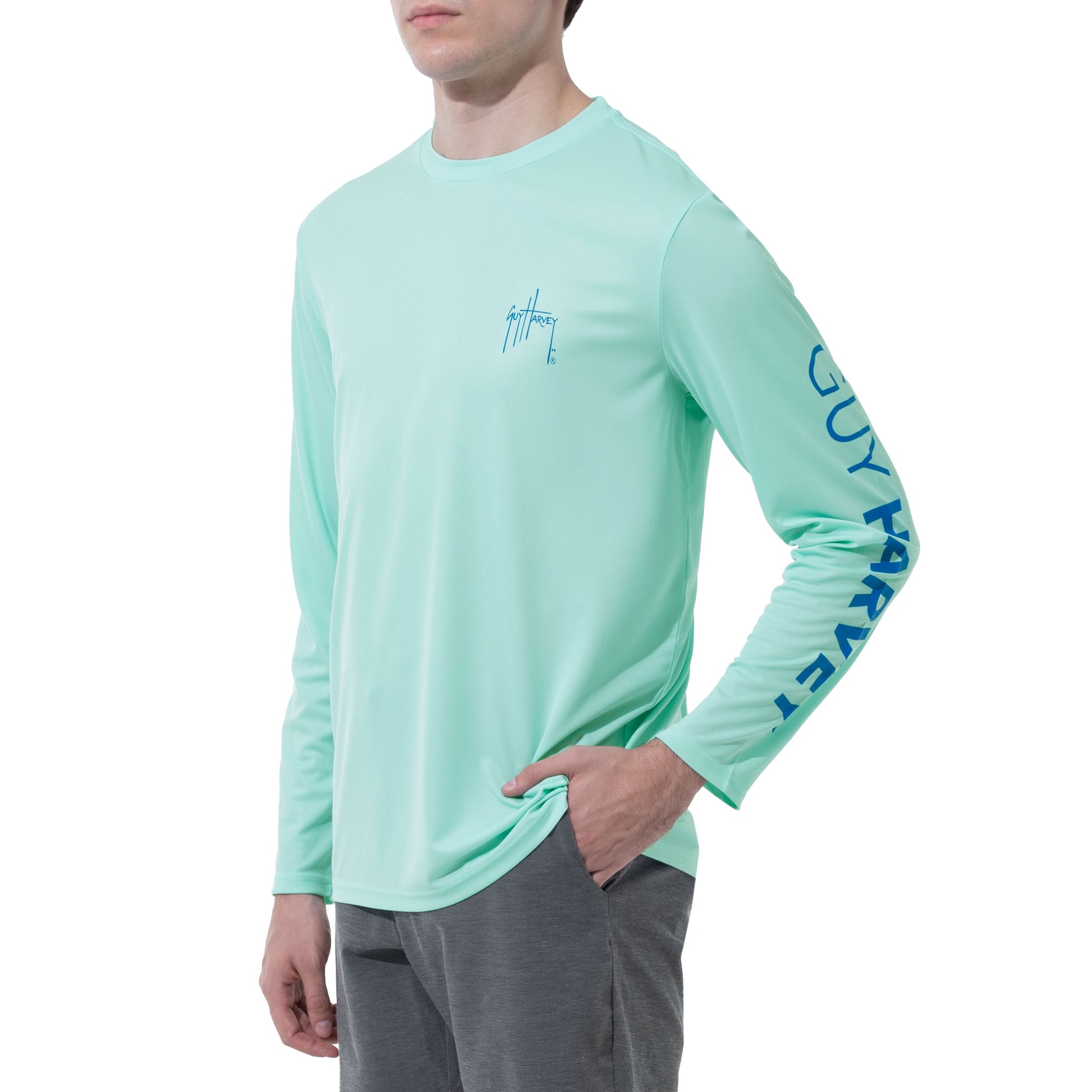 Men Long Sleeve Performance Fishing Sun Protection with UPF 50 Plus. Color Green Sideview View 29