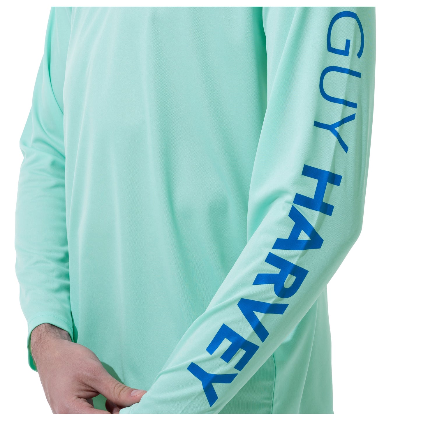 Men Long Sleeve Performance Fishing Sun Protection with UPF 50 Plus. Color Green Sleeve has Guy Harvey text View 27