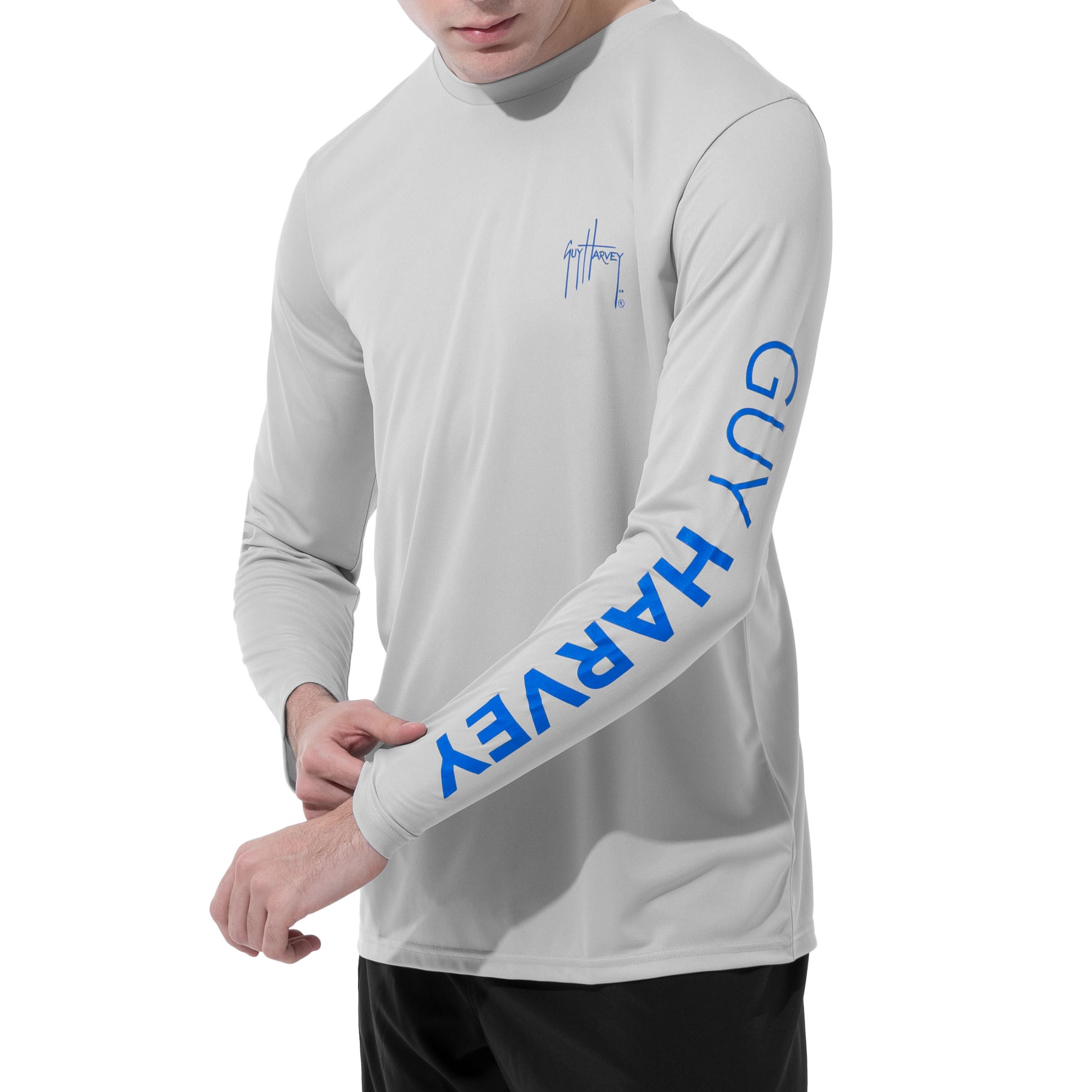Men Long Sleeve Performance Fishing Sun Protection with UPF 50 Plus. Color Grey Side View View 11