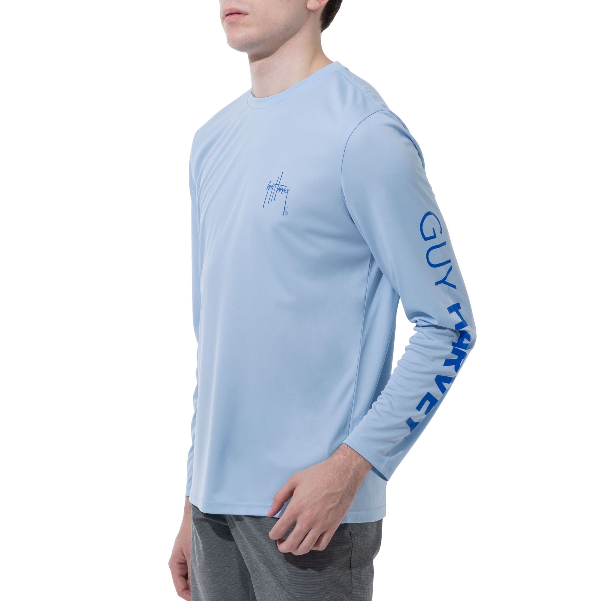 Men Long Sleeve Performance Fishing Sun Protection with UPF 50 Plus. Color Light Blue Sideview View 41