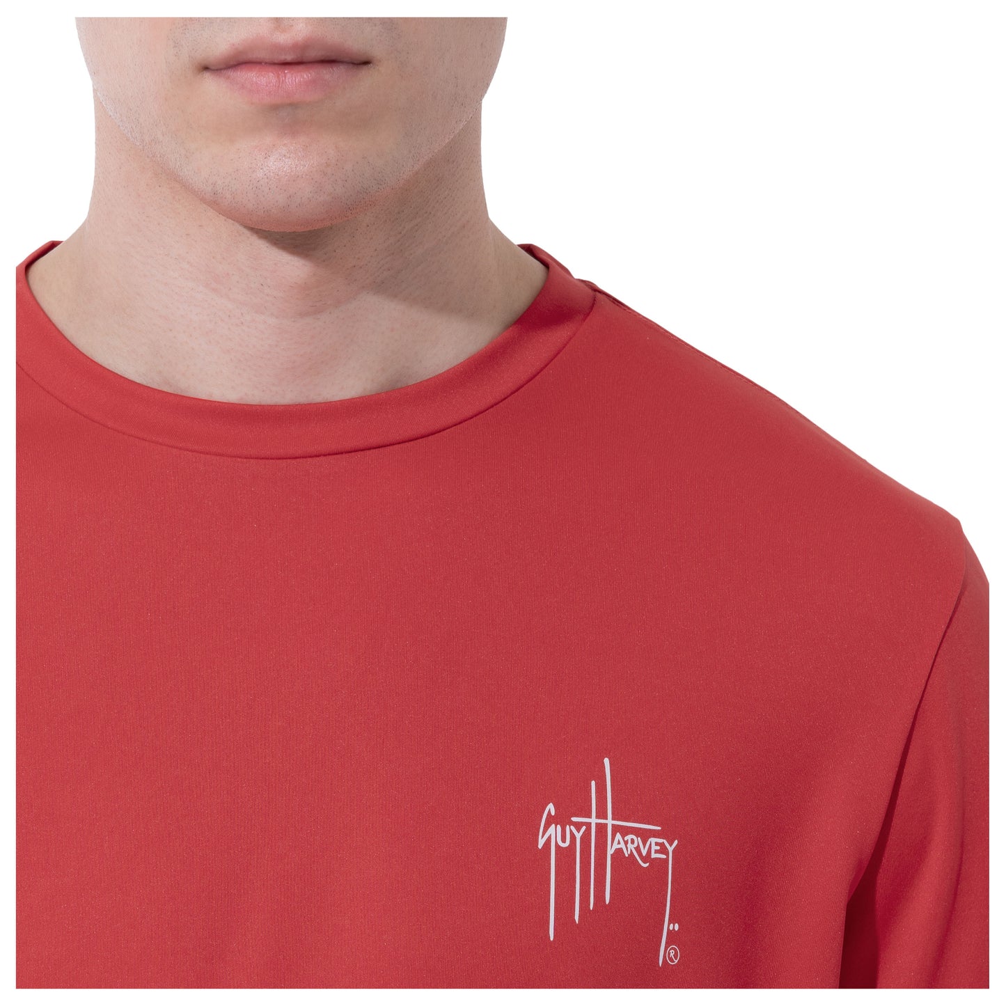 Men Long Sleeve Performance Fishing Sun Protection with UPF 50 Plus. Color Red Guy Harvey Signature on chest View 16