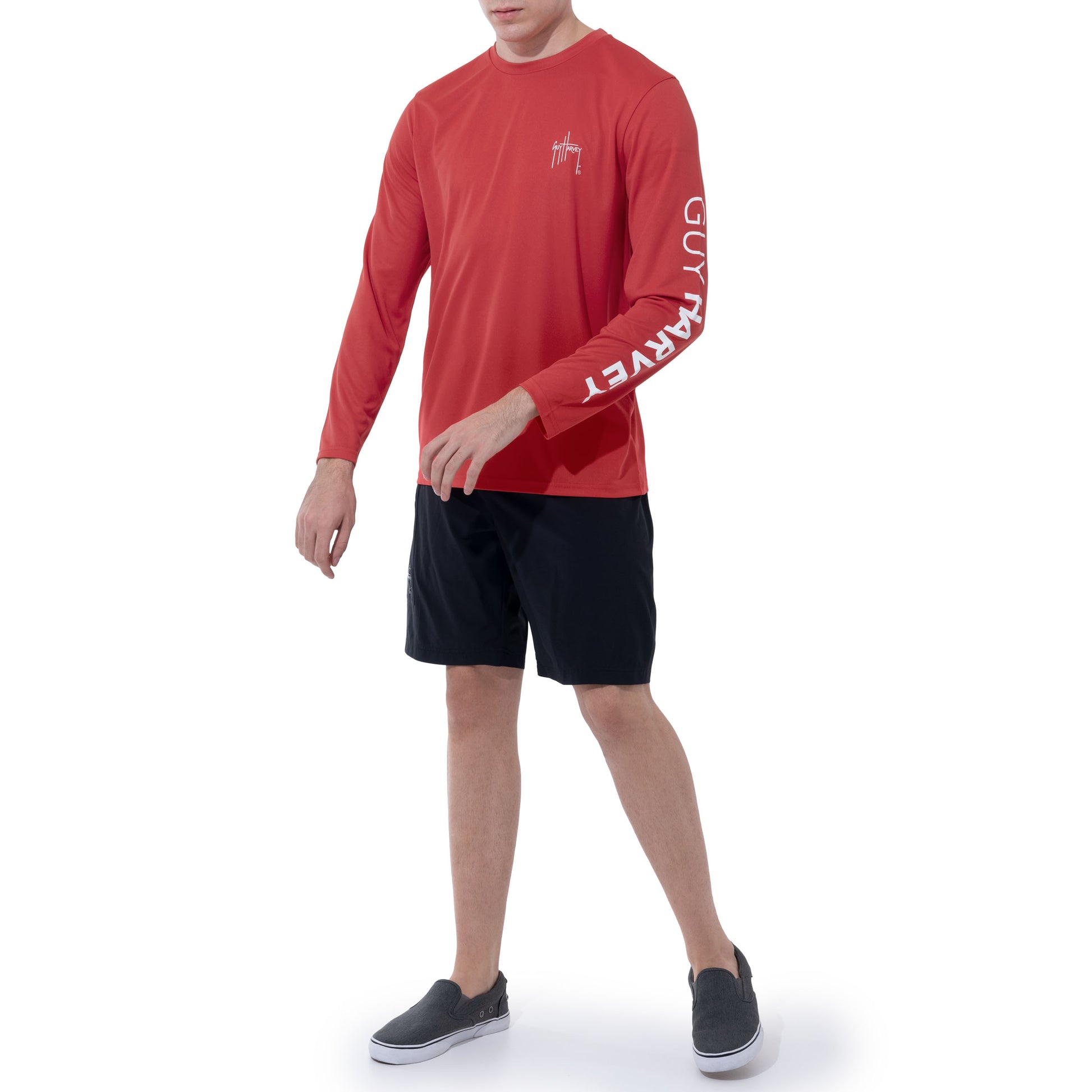 Men Long Sleeve Performance Fishing Sun Protection with UPF 50 Plus. Color Red Lifestyle View 18