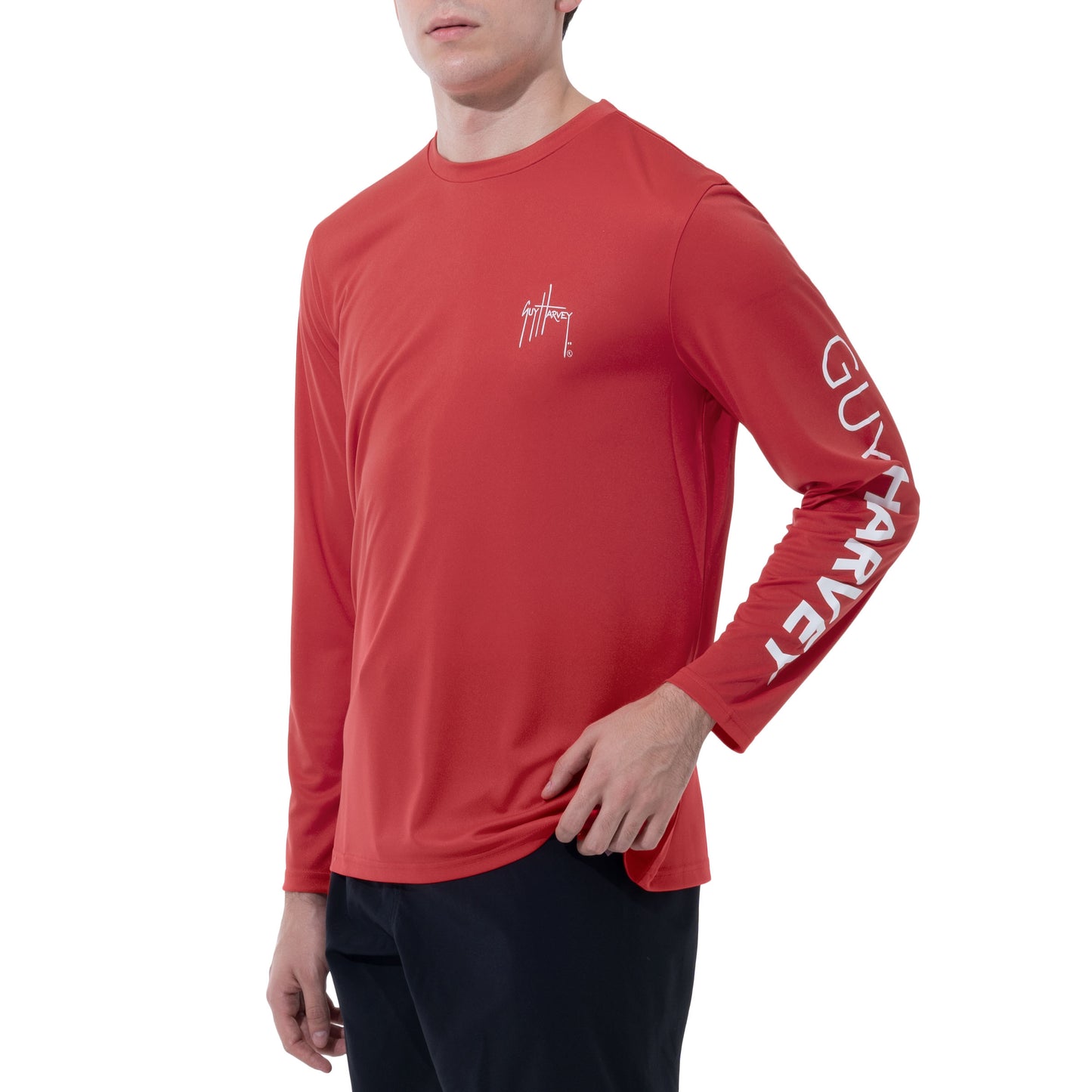 Men Long Sleeve Performance Fishing Sun Protection with UPF 50 Plus. Color Red Sideview View 17