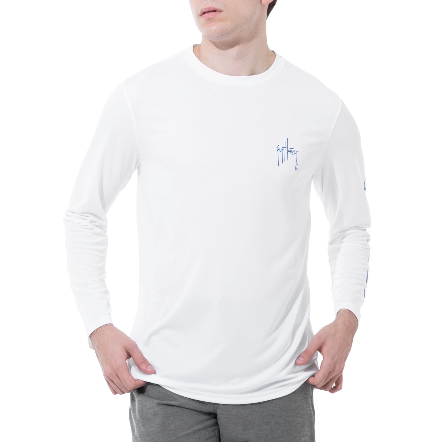 Men Long Sleeve Performance Fishing Sun Protection with UPF 50 Plus. Color White Front View 31