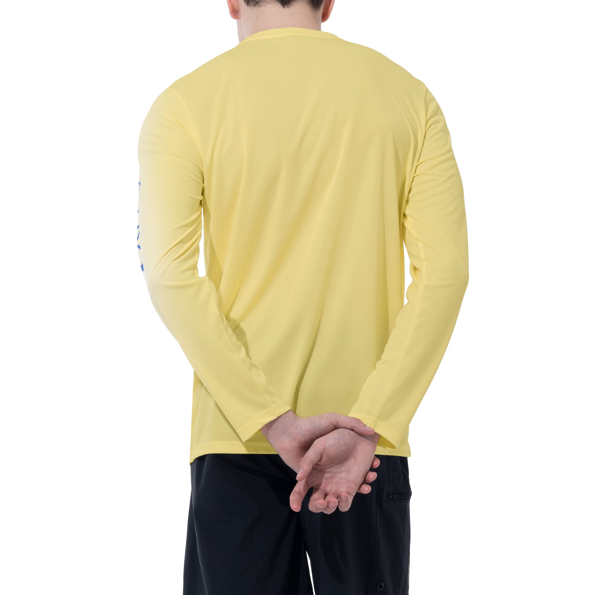 Men Long Sleeve Performance Fishing Sun Protection with UPF 50 Plus. Color Yellow Back View 20