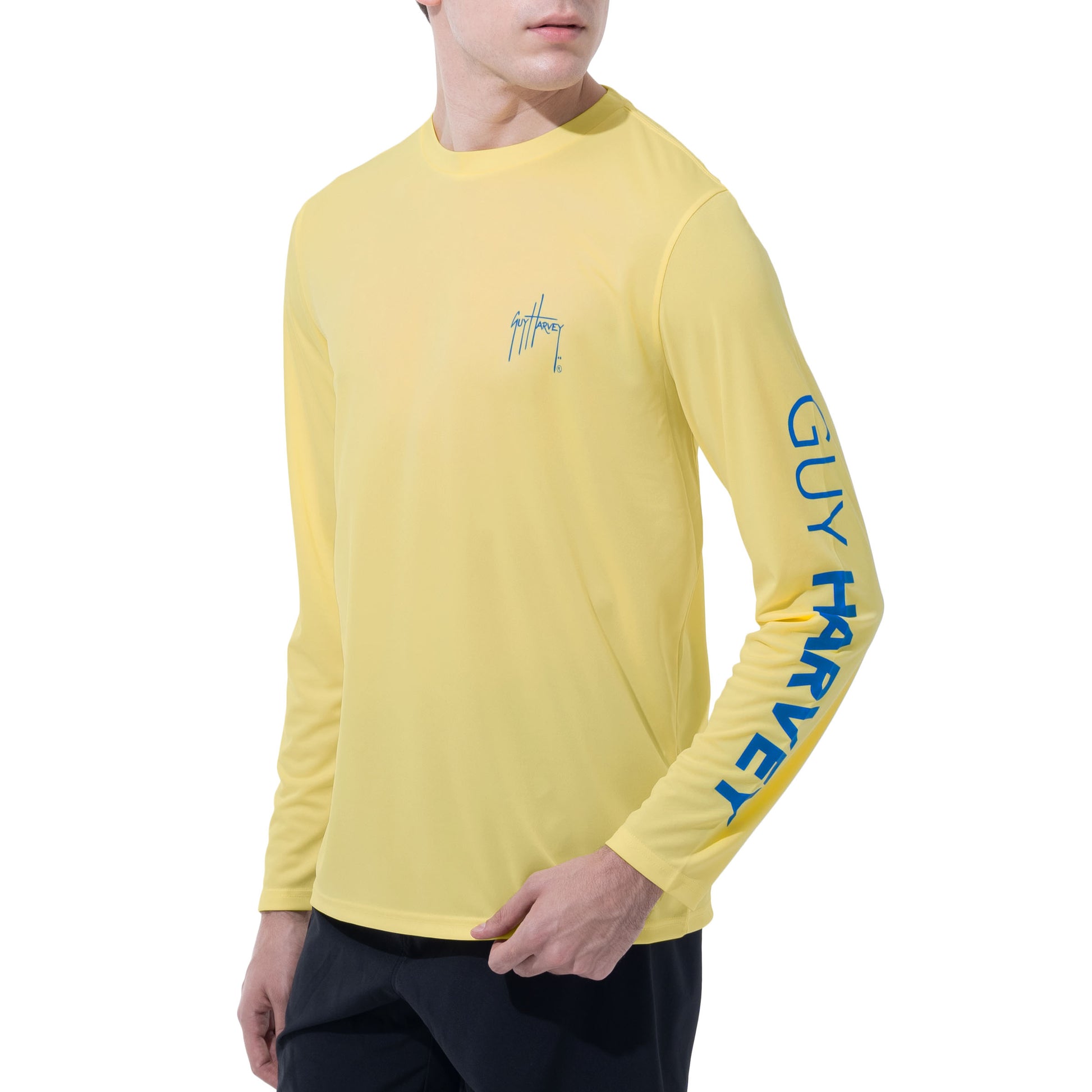 Men Long Sleeve Performance Fishing Sun Protection with UPF 50 Plus. Color Yellow Sideview View 23