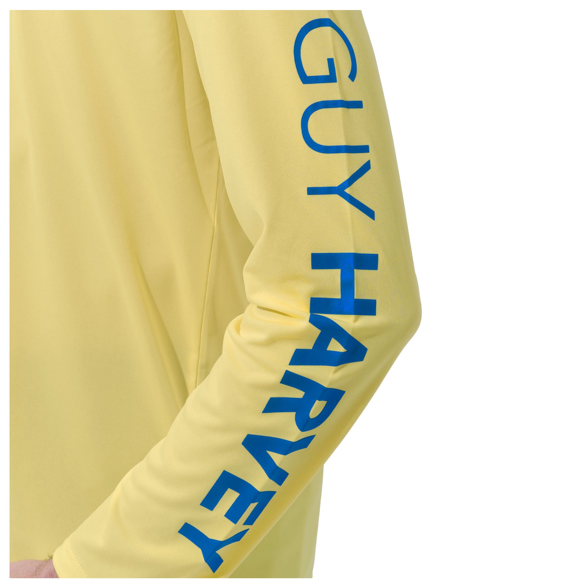 Men Long Sleeve Performance Fishing Sun Protection with UPF 50 Plus. Color Yellow Sleeve has Guy Harvey Text View 21