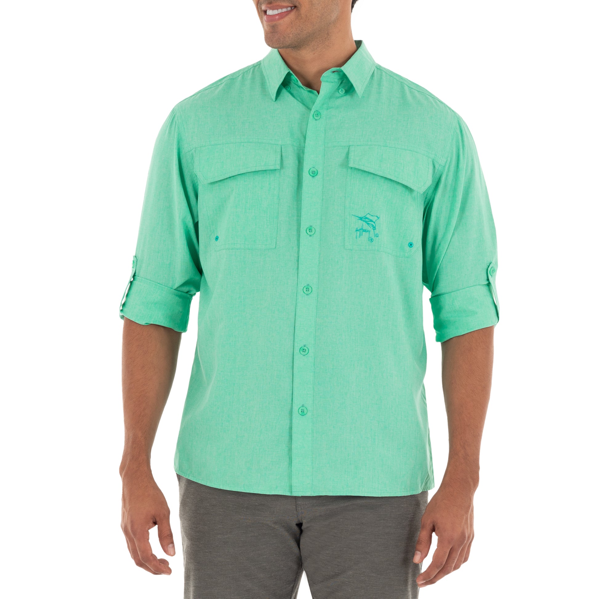 Men's Long Sleeve Heather Textured Cationic Green Fishing Shirt View 4