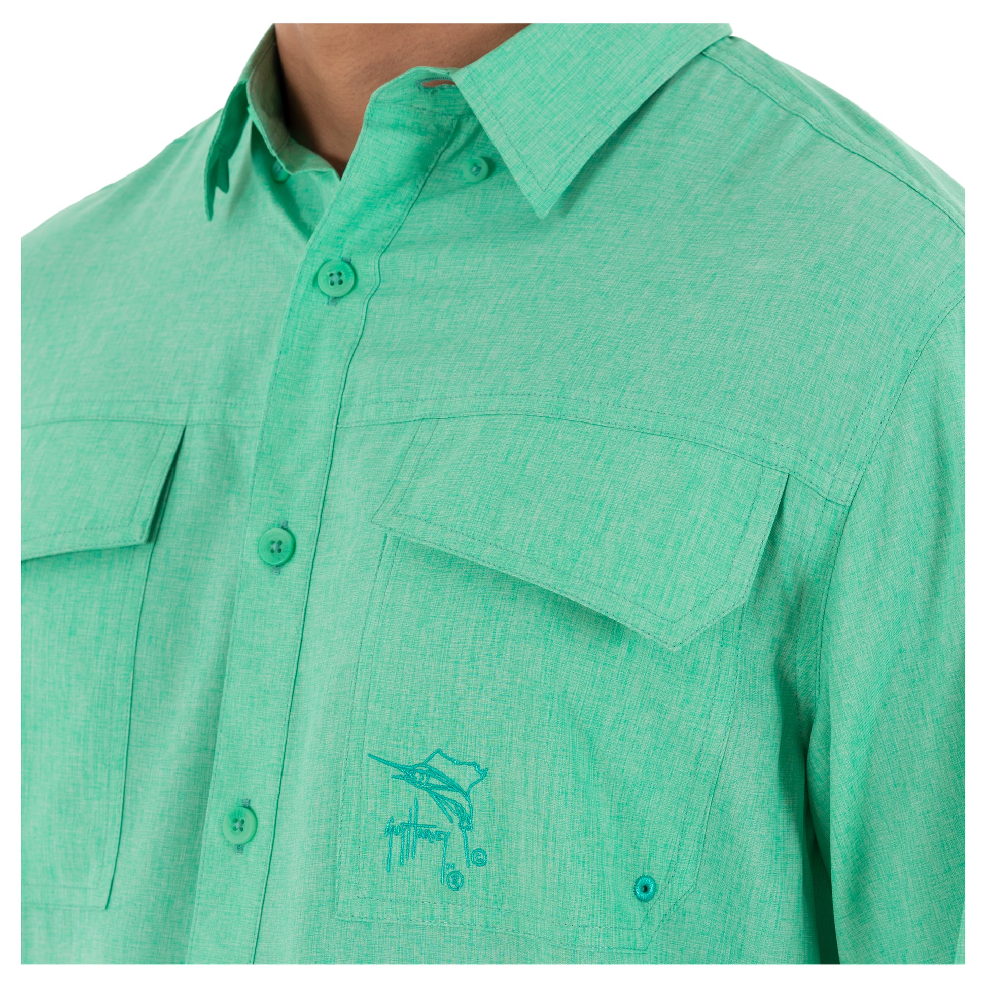 Men's Long Sleeve Heather Textured Cationic Green Fishing Shirt View 7