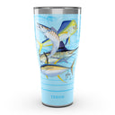 Tervis tumbler 30 oz with Guy Harvey fish collage design on a light blue background