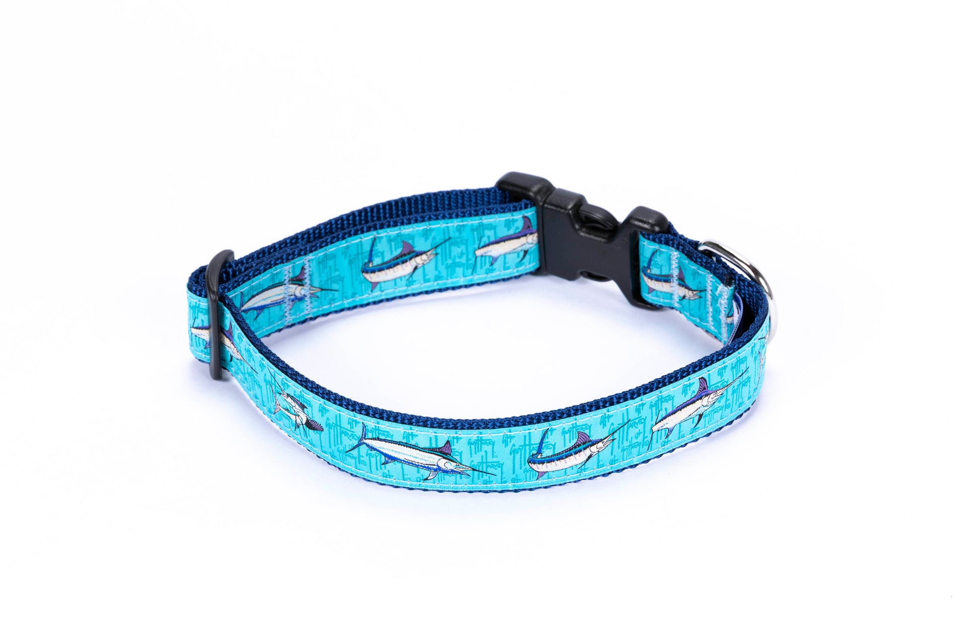 Guy Harvey Billfish Collage Dog Collar with blue nylon strap and billfish artwork