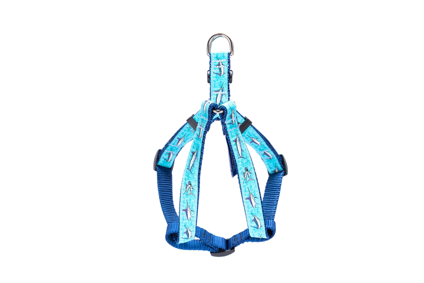 Guy Harvey Billfish Collage Dog Harness with blue nylon straps and billfish artwork