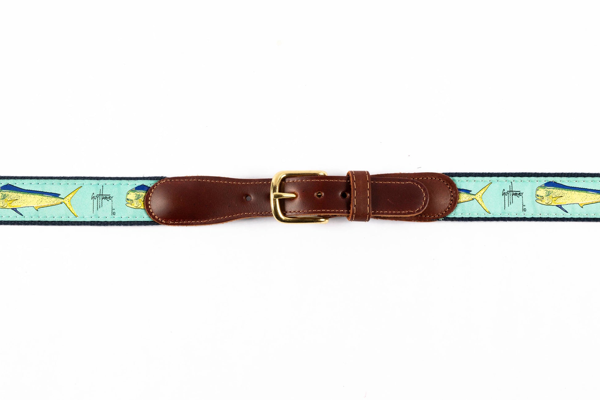 Guy Harvey men's Bull Dolphin leather tab belt with aqua needlepoint mahi-mahi design and brass buckle.