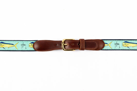 Guy Harvey men's Bull Dolphin leather tab belt with aqua needlepoint mahi-mahi design and brass buckle.