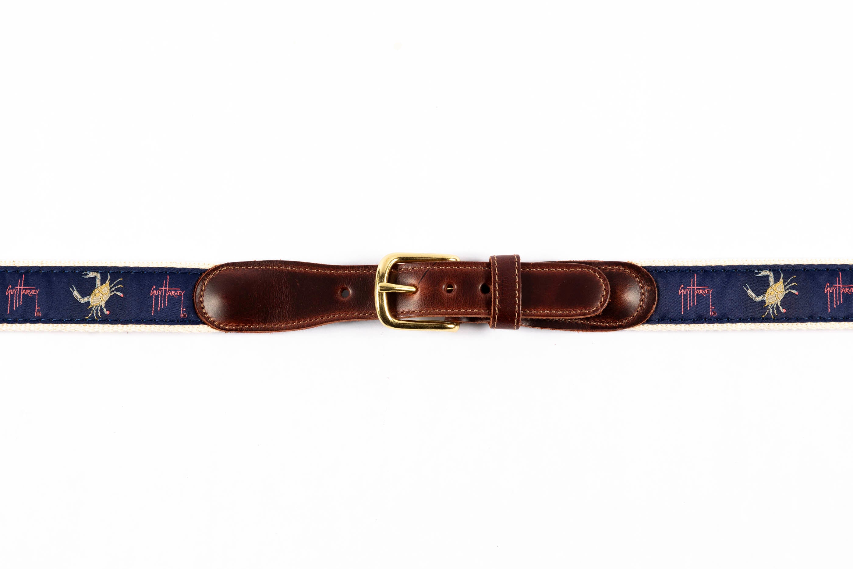 Guy Harvey men's Crab on Navy leather tab belt with navy needlepoint crab design and brass buckle.