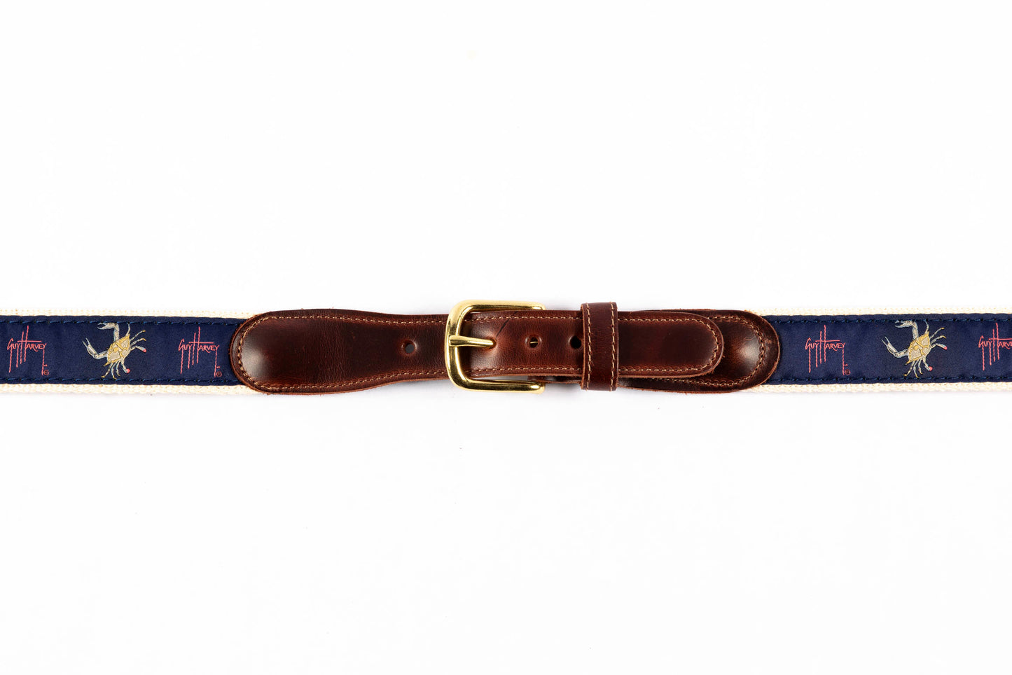 Guy Harvey men's Crab on Navy leather tab belt with navy needlepoint crab design and brass buckle.