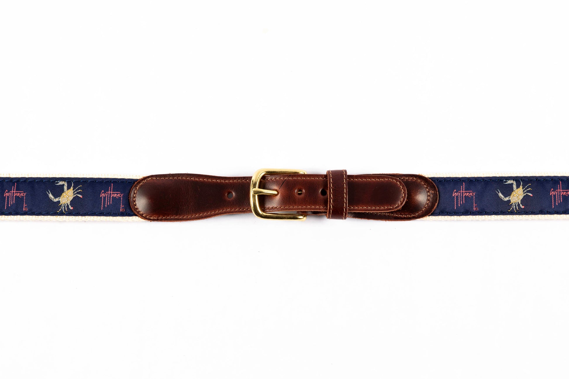 Guy Harvey men's Crab on Navy leather tab belt with navy needlepoint crab design and brass buckle.