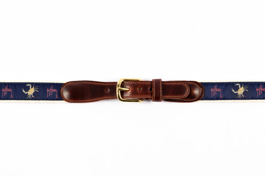 Guy Harvey men's Crab on Navy leather tab belt with navy needlepoint crab design and brass buckle.